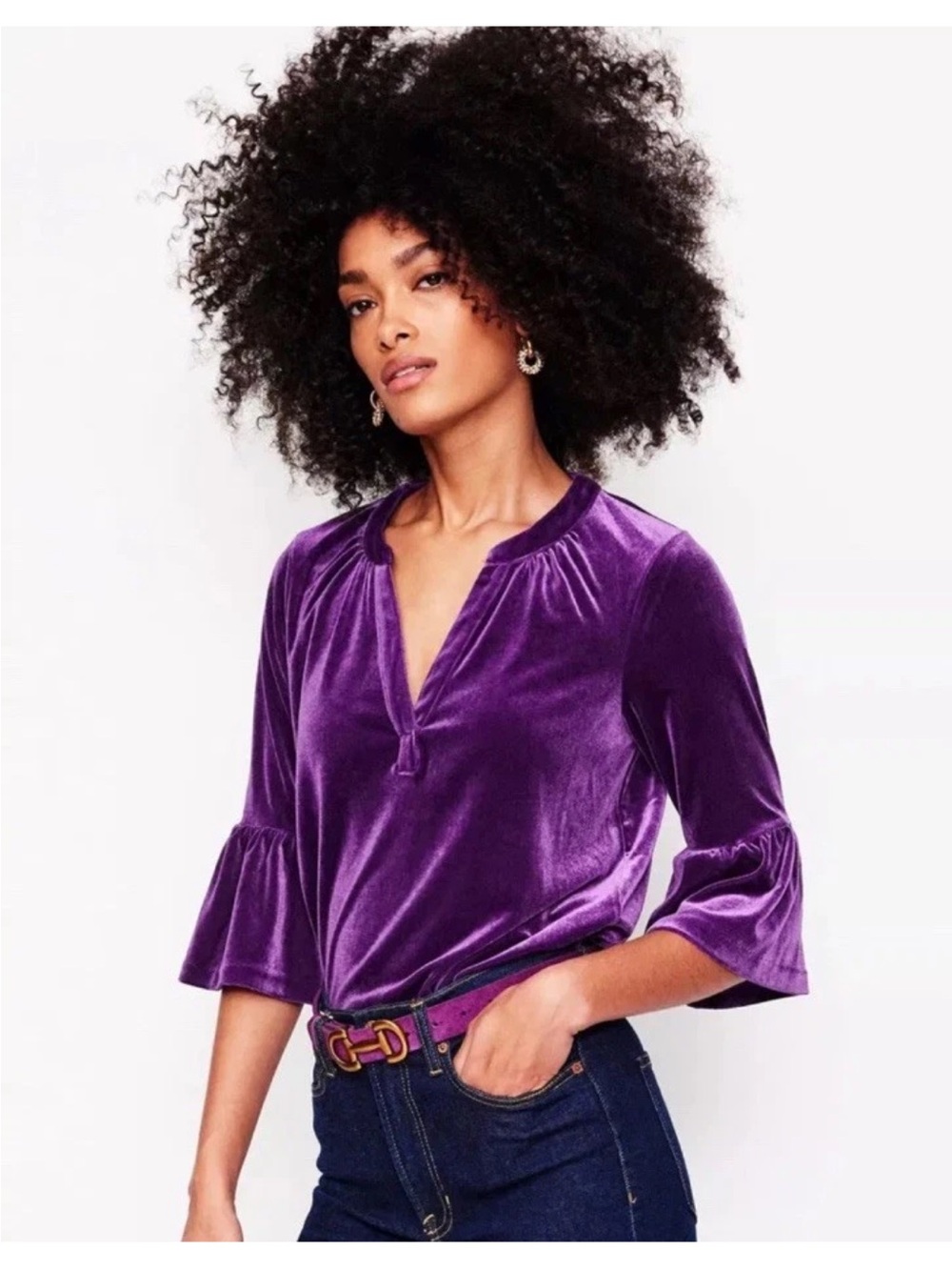 Boden Velvet Split-Neck Bell Sleeve Top - Purple